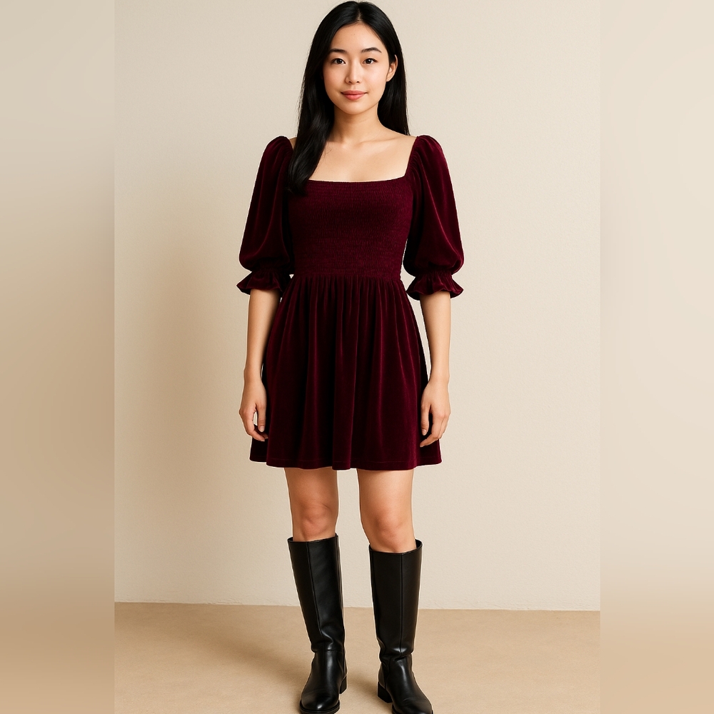 Revolve Sophie Rue Burgundy Velvet Smocked‎ Mini Dress NEW